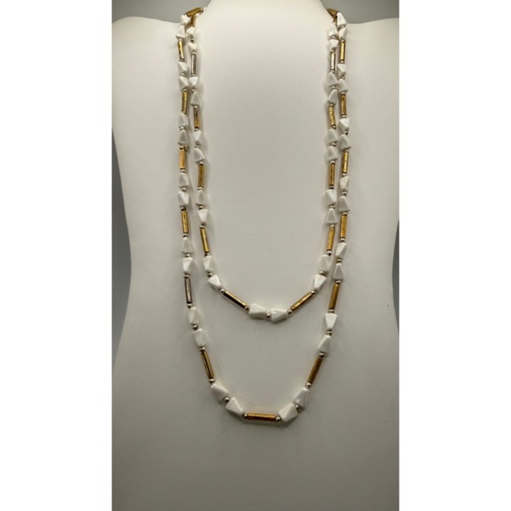 Vintage White Geometric Milk Glass Gold Bar Long Beaded‎ Layering Necklace